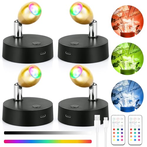 Image of 4Pack SpotLight Indoor with Remote, 13 RGBW Uplights with Rechargeable Battery Operated, LED Tree Lights with TimerDimmable, Mini Spotlight Stick on Picture Light for Paintings Display