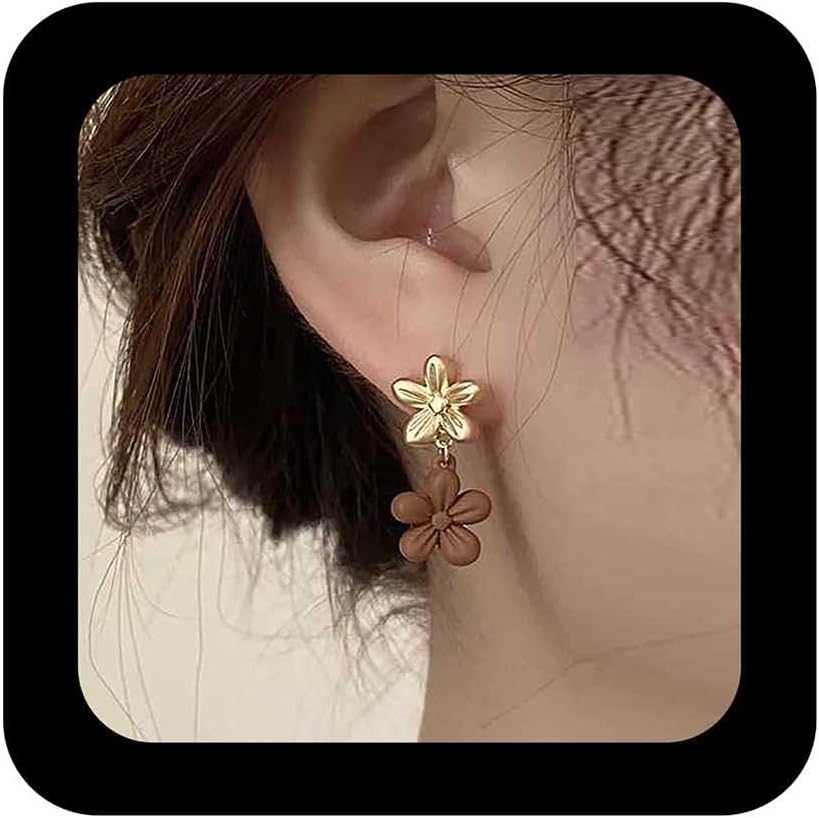 Vintage Daisy Flower Dangle Earrings Brown Flower Earrings Small Floral Drop Earrings Gold Floral Stud Earrings Two Tone Earrings Jewelry for Women