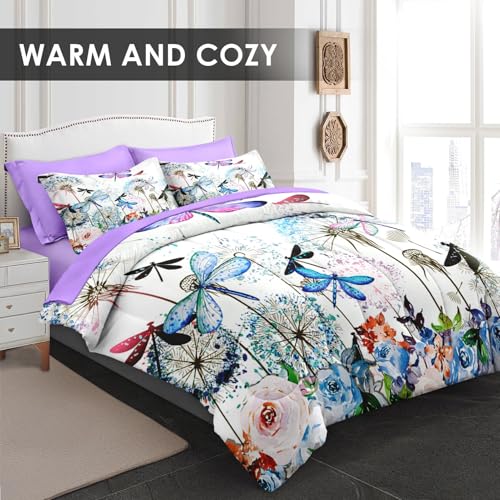 Pamnest Comforter Set Queen Size, Dragonfly Flower 7 Pcs Bedding for Kids and Adults, Purple Rose Hydrangea Bed Sheet Sets with Fitted Sheet 2 Pillowcases & 2 Shams for Bedroom Bed Decor by Pamnest - Image 2