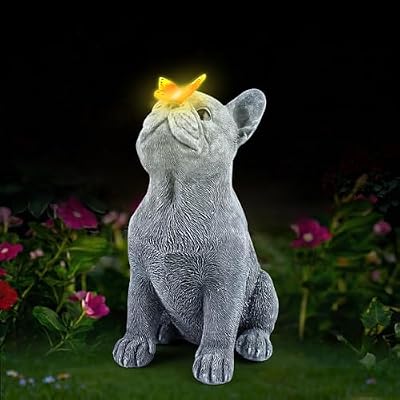 CIYSHO Dog Statue with Solar Butterfly, Cute French Bulldog Garden Statue Outdoor Decor for Outside Yard Lawn Patio Porch, Resin Garden Art Home Decorations Figurine, Dog Lovers Gifts for Women Mom