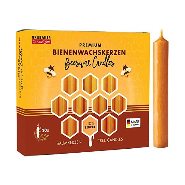 BRUBAKER 20er Pack Baumkerzen 10% Bienenwachs Weihnachtskerzen Pyramidenkerzen Christbaumkerzen Honig-Gelb
