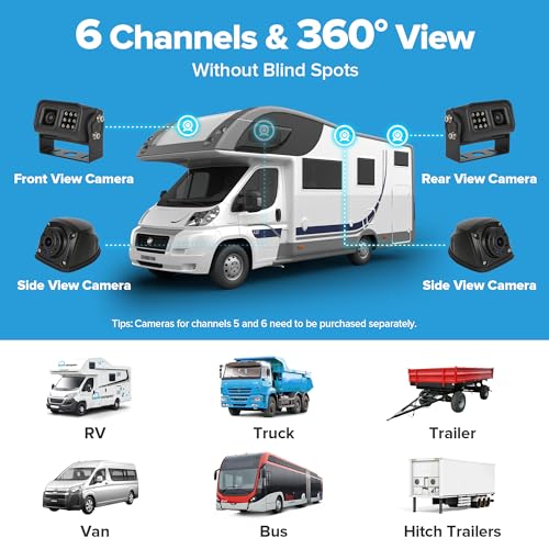 Image of WiFi GPS 6CH RV Backup Camera System with 10.1 inch HD Touchscreen Monitor,4x1080P Front&Rear&Side View Camera,IR Night Vision /IP69K Waterproof /Sentry Mode,DVR Video Recorder Kit for Truck,Trailer