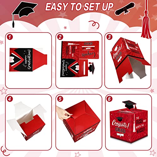 Funrous Large 2025 Graduation Card Box with 30 Pcs Advice Cards Gift Money Box Congrats Grad 3D Cap Top Holder Class of 2025 Box for College Graduation Party Supplies Decorations(Red)