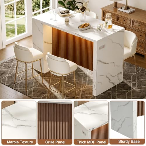 Image of Faux Marble Kitchen Island Table with Storage,LED Lights and Power Outlet | Imitation Marble Dining Table with Grille Design, Modern Rectangular Kitchen Dining Table for Dining Room,Living Room
