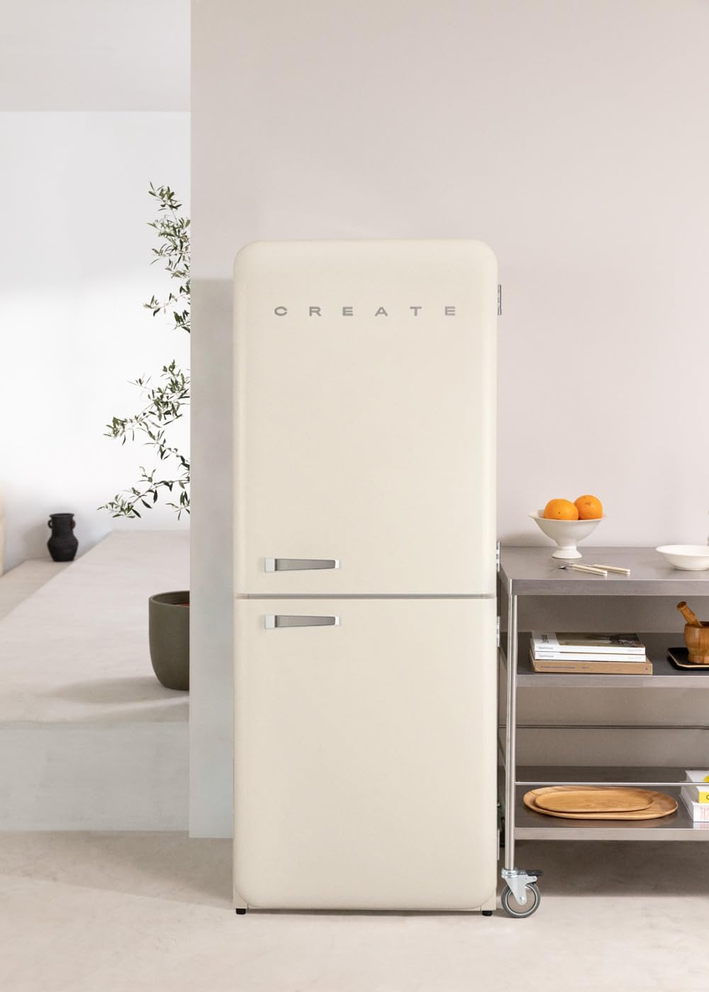 CREATE / RETRO FRIDGE COMBI 185 SILVER/Frigorífico combi blanco roto maneta plata con congelador 401L / 190W. sistema No Frost. 3 estantes. 2 cajones. regulador temperatura. 70x65x185 cm