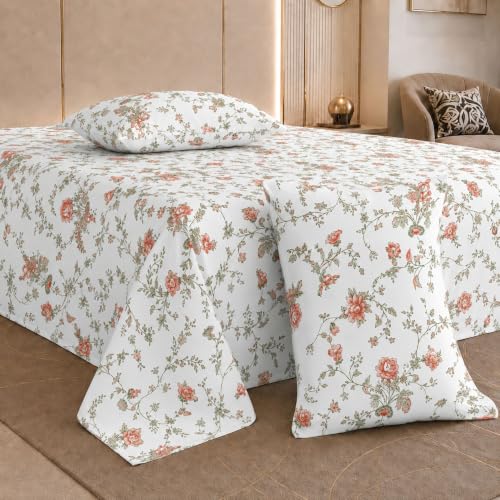 Image of Jaipur Weaves Cotton Linen Feel King Size Bedsheet 108x108 Super King, 100% Pure Cotton Bed Sheet with 2 Pillow Covers, 300 TC Soft Breathable Floral Design Bedding -(Vintage Red, Super King)