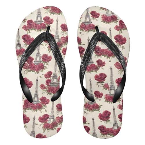 ALAZA Eiffe Tower Beautiful Rose Flip Flops for Women Fashion Beach Slippers Comfort Mens Flip Flops Non-Slip Rubber Shower Slippers Sandal for Hotel Travel Sport,XS
