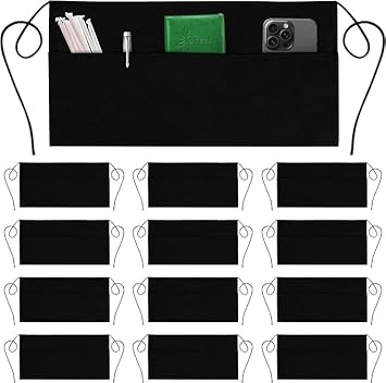 GREEN LIFESTYLE Server Aprons with 3 Pockets - Waist Apron, Waitress Apron for Women and Man, Water Resistant with Long Waist Strap Reinforced Seams, Half Apron 24 Pack - Black