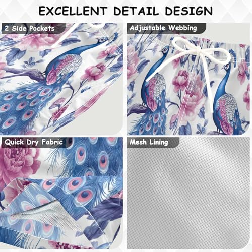 Swim Trunks Boys 8-10 Peacock Among Pink Flowers Swim Shorts with Liner Bathing Suit Swimsuit Teen Boy Swim Trunks,L4