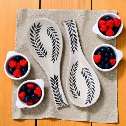Image of Malaikah Ceramic Spoon Rest Black 2 Leaf Pack of 2 for Home, Kitchen, Dining, Kitchen Decor & Gifting