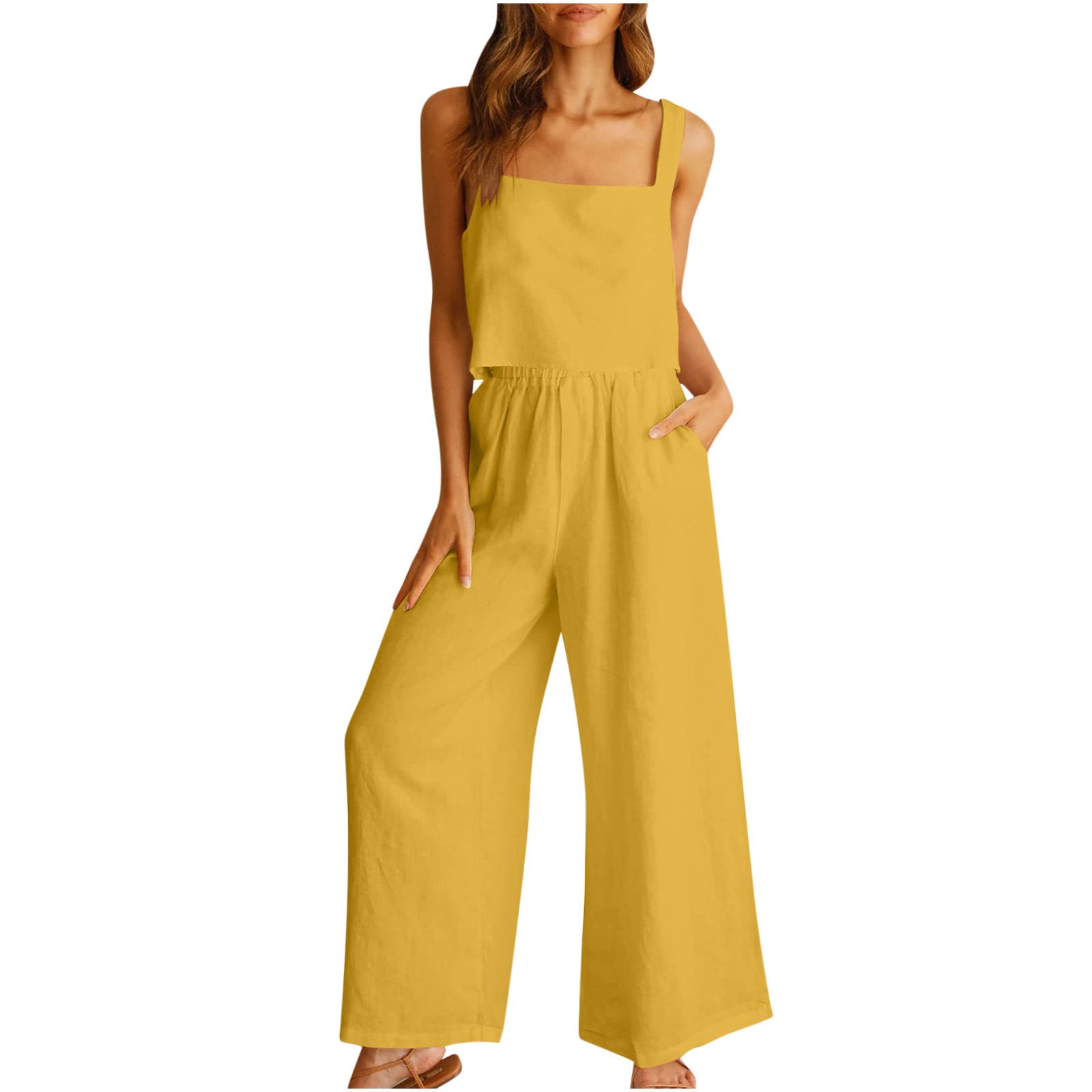 TIMIFIS 2 pezzi di cotone lino abiti per le donne estate casual canotta crop top gamba larga pantaloni lunghi set vacanza con tasca