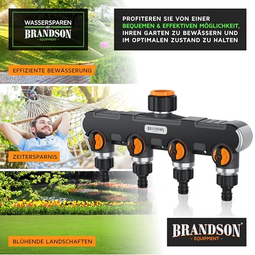 Brandson - 4 Wege Verteiler - Garten Ventil 1 Eingang 4 Ausgänge – Wasserverteiler stufenlos regelbar – verstärkte Metallgewinde – Y Verteiler - Schnellkupplungen – schwarz-orange