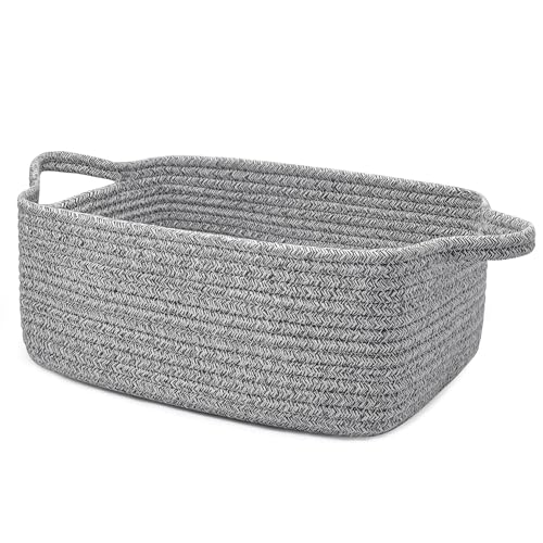 Image of Small Gift Basket Empty, Woven Rope Basket for Nursery, 13x10x5in | Soft storage basket with reinforced handles. boo basket with toys, towels or treats for baby showers & holidays. Grey