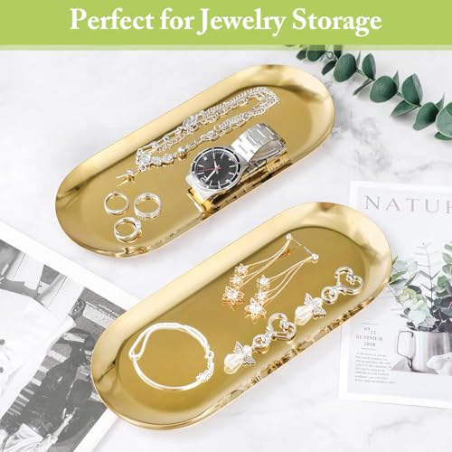 Image of HASTHIP 2Pcs Golden Trinket Trays Stainless Steels, Jewelry Organizer Trays, Dressing Table Organizer, Bathroom Tray, Plates Organizer for Kitchen, 23x9cm