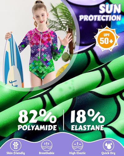 Image of Century Star UPF 50+ Girls Long Sleeve Swimsuit - Rash Guard Swimsuit Toddler Kids Teen One Piece Bathing Suit Zip 2-15Y