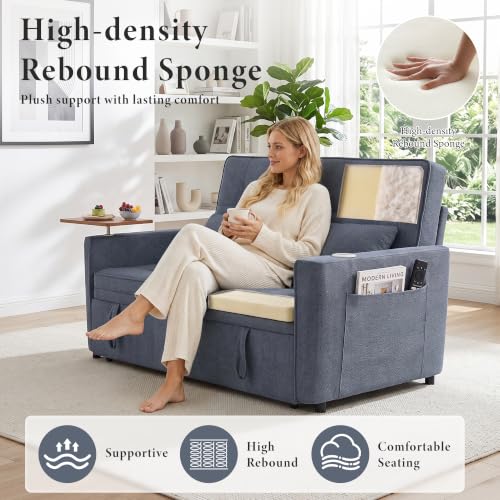 Image of Dreamzie 54'' Convertible Sleeper Sofa Bed with Swivel Side Table, Chenille Pull Out Couch for Living Room, Loveseat Sleeper Couch with Side Pocket | Charging Port | Cup Holder, Blue
