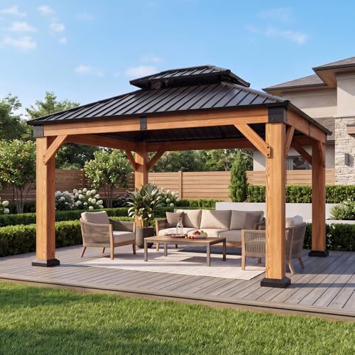 Image of Aoxun 10' x 12' Patio Wood Gazebo Cedar Wood, Natural | Patio Hardtop Gazebo Permanent Wooden Pavilion with Galvanized Steel Double Roof, for Backyard, Garden, Deck