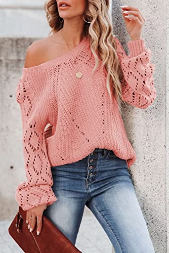 Fekoafe Women's Sweaters Casual Long Sleeve Crew Neck Knit Pullover Sweater Tops Solid Color Pink S #TOP2
