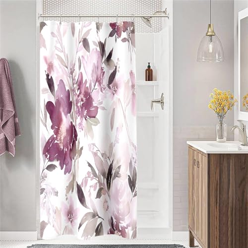 MAYZUS Small Stall Shower Curtain 36 x 72 Inch, Half Narrow Watercolor Floral Fabric Shower Curtain, Modern Abstract Mauve Flower Bathroom Shower Curtain Set with Hooks