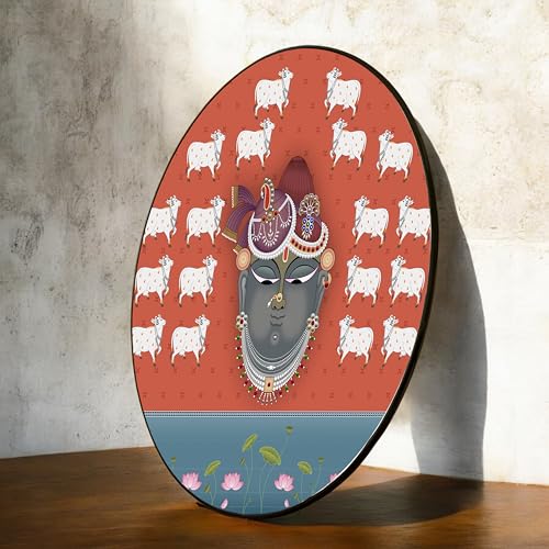 Image of PAINTINGMANTRA Lord Shrinathji Pichwai Art Round Large Wall Art Painting for Living Room Decoration, Circular Gold Metal Finish Stylish Large Wall Art Print for Wall Decor (22x22 Inches)