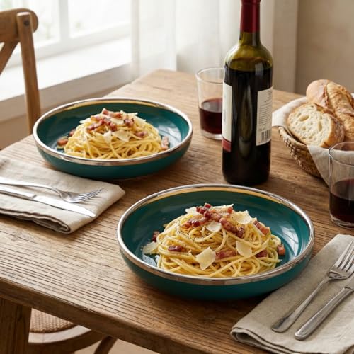 Image of Beyond Homes Ceramic Bowl Set of 2 | 20 cm Deep Serving Bowls | Microwave & Dishwasher Safe Glossy Ceramic Bowls for Pasta Ramen Soup Noodles & Salad | 650 ml Each, Teal Gold