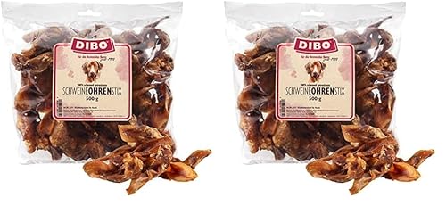 DIBO Schweine-Ohren-Stix, 500g-Beutel, der kleine Naturkau-Snack oder Leckerli für Zwischendurch, Hundefutter, Qualitätskauartikel ohne Chemie (Packung mit 2)