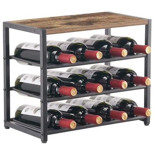 Wine Racks Countertop with Top Tray - Stackable Freestanding Floor Wine Holder - 12 Bottle Wine Bottle Storage Organizer - 3 Tier Wooden Metal Stand for Pantry Home Cabinet Bar Counter