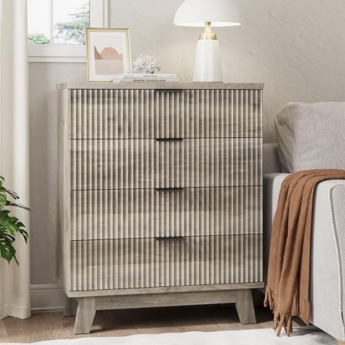 Image of Xixini Fluted Nightstand, 31.5 inch Wide Side Table with 4 Large Storage Drawers, Mid Century Modern Wood Night Stand with Metal Handle, Wooden Bedside End Table for Bedroom, Grey