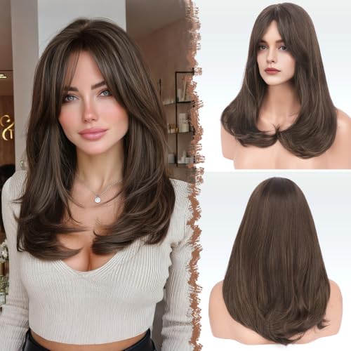 FESHFEN Brown Wigs with Curtain Bangs Medium Length Layered Wig for Women