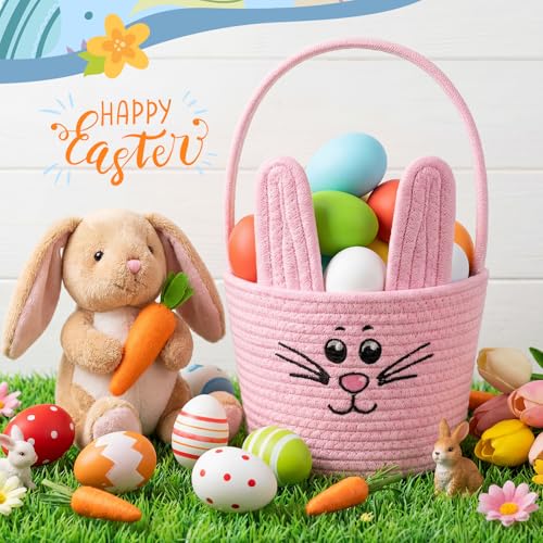 Image of Teenyyou Woven Easter Baskets Woven Bunny Baskets with Handles Eggs Hunt Bucket Rabbit Cotton Rope Basket Baby's First Easter Basket Gift for Toddler Boys Girls(Macaron Pink)