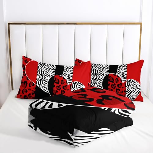 Image of AILONEN Couple Lover Comforter Set Queen Size,Black White Red Romantic Hearts Printed Bedding Set 3 Piece,Modern Bedroom Decor Soft Comforter with 2 Pillowcases