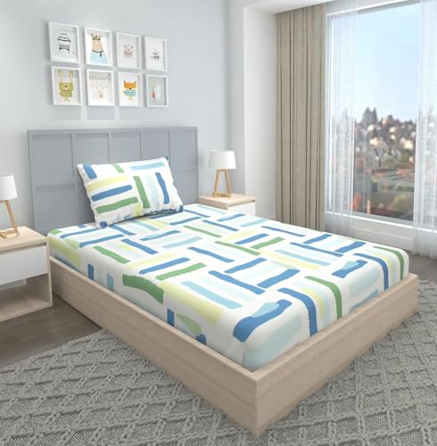 Image of Blue Strip 220TC Glace Cotton Elastic Fitted Bedsheets Single Bed with 1 Pillow Cover | Single Bed with All Around Elastic, Size 42 X 75 Inches (Green Line)