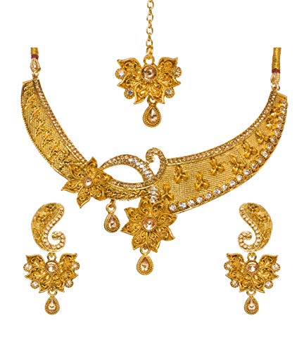 Bindhani Indian Jewelry Wedding Party Wear Bridal Bridemaids Antique Crafted Gold Plated Kundan Choker Necklace Earrings Tikka Set Designer Bollywood Style Jewellery Tika Set for Women
