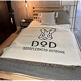DOD ドッペルギャンガー ベッドカバー, 白地に犬のロゴ入り, ストライプ柄, 寝具アクセサリー