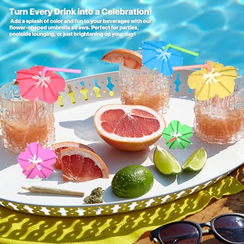 【100 PCS】Umbrella Straws for Drinks - Colorful Cocktail Straws with Mini Umbrellas, Tiki Party Supplies, Hawaiian Luau Tropical Theme, Parasol Drinking Straws for Margarita, Pina Colada, Beverages.