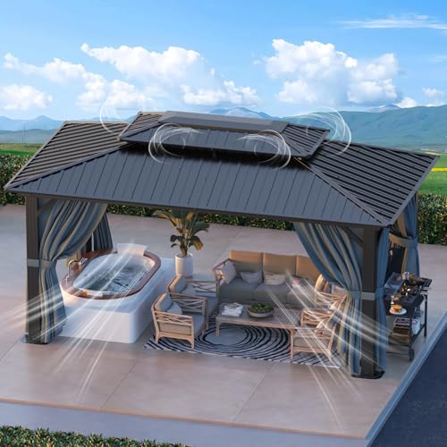 Image of HOTEEL 10x15 Hardtop Gazebo with Flame-Retardant Curtain & Netting, Hot Tub Gazebo with Galvanized Steel Double Roof, Heavy Duty Permanent Pavilion Outdoor for Patio, Frame Thickened (Upgraded 3.0)
