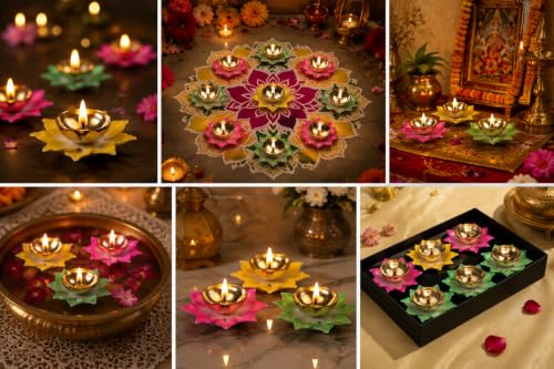 Image of Klassic Lotus Shaped Diya for Puja (6 Diyas 3inch Multicolor Petals) for Home Decor, for Pooja, Housewarming, Temple, Festivals & Diwali Gifting ( Pack of 6 Pcs, Multicolour )
