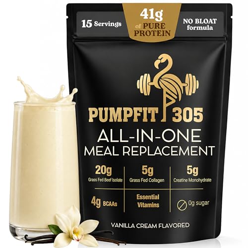 Image of All-in-One Meal Replacement Shake Powder, 41g Grass-Fed Beef Protein + Creatine+ Collagen, BCAAs, Probiotics, Vitamins, Healthy Vanilla Protein Smoothie, 15 Servings
