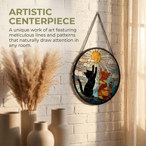 JMENGSSFL Funny Black and Orange Cat Stained Glass Window Hanging, Cat Lovers Gifts Suncatcher Sun Catchers Indoor Window, Cats Round Glass Wall Art Hanging Decor, 7.9x7.9 inch - 4