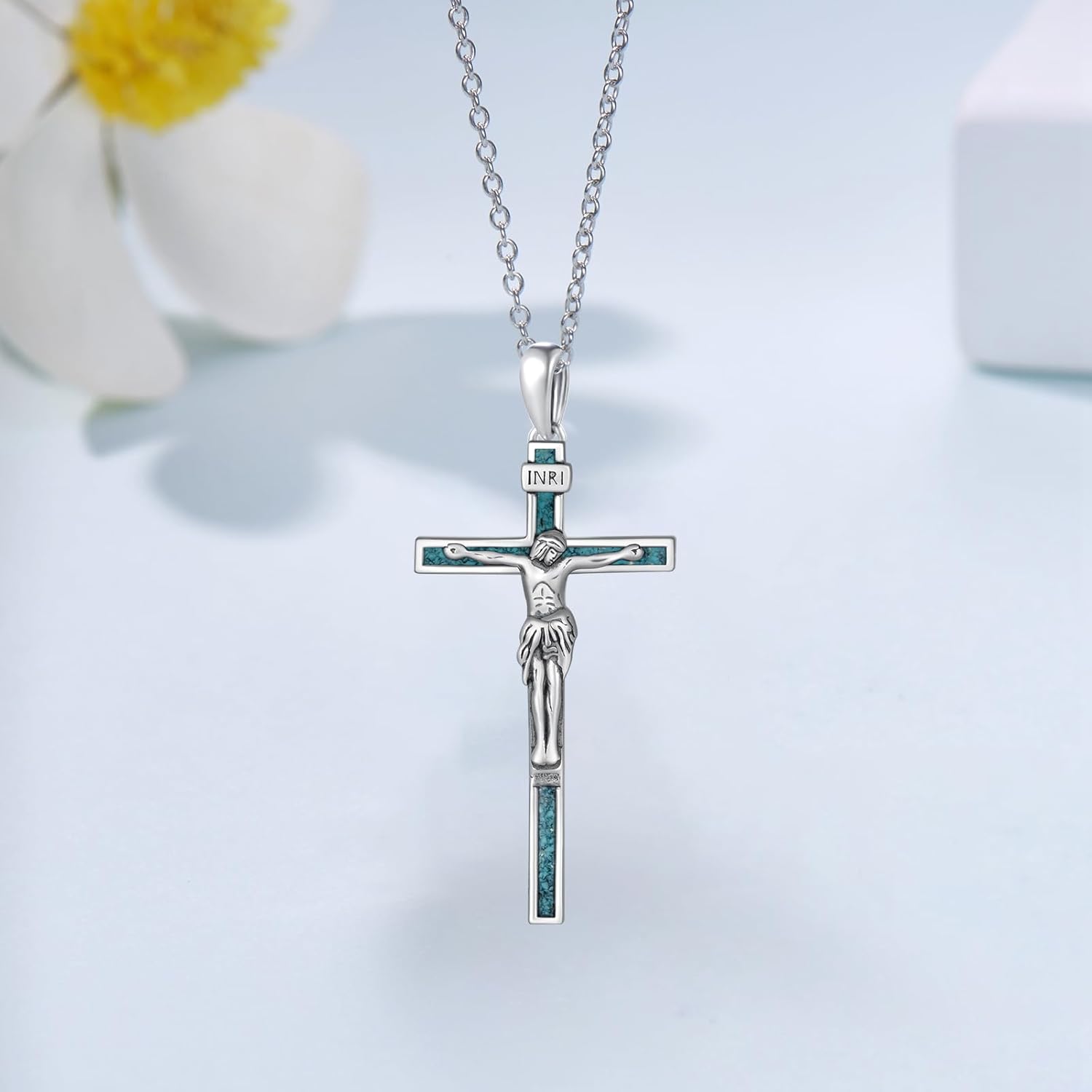 Crucifix Necklace 925 Sterling Silver Turquoise Jesus Cross Necklace Christian Jewelry Gifts for Women Men - Image 2