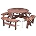 Giantex Wooden Picnic Table Set with Wood Bench, 4 Adults or 8 Kids Outdoor Round Table with Umbrella Hold Design, Perfect for Outdoor Garden Yard Pub Beer Dining, Dark Brown