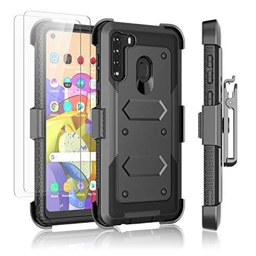 Njjex Rugged Case For Samsung Galaxy A21, For Galaxy A21 Case With Tempered Glass Screen Protector [2 Pack], [Nbeck] Shockproof Heavy Duty Locking Swivel Holster Belt Clip Kickstand Hard Cover [Black] #TOP28