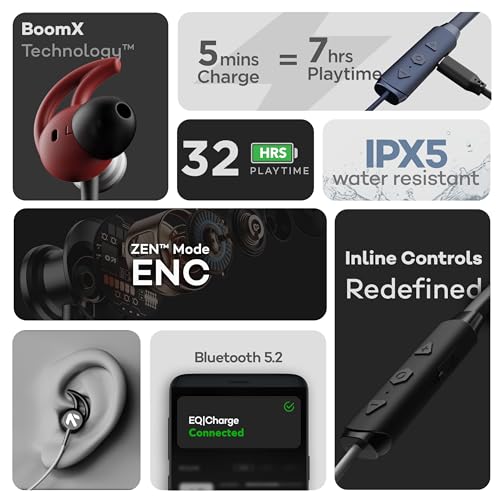 Image of GOBOULT EQCharge Bluetooth Earphones 32H Playtime, Zen ENC Mic, Dual Connectivity, Type C Fast Charging, 14.2mm Bass Driver, Made in India, IPX5 Silicon Neckband(Teal)