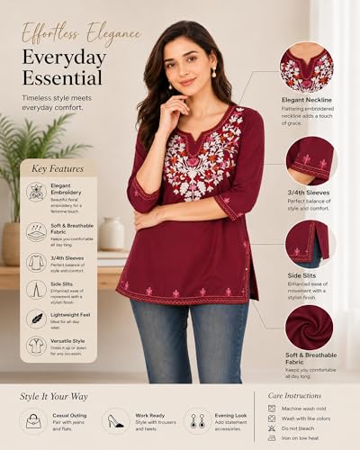 Image of Women's Gulnar Pure Cotton Kashmiri Embroidered A-line 3 /4 Cuff Sleeves Kurti | Short Kurta