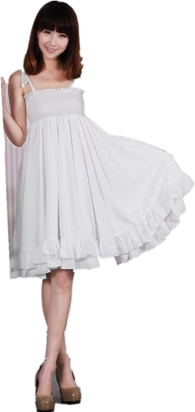 Girl's White Chiffon Ruffled Pleated Braces Suspender Skirt Party Dress Luka Cosplay Dress