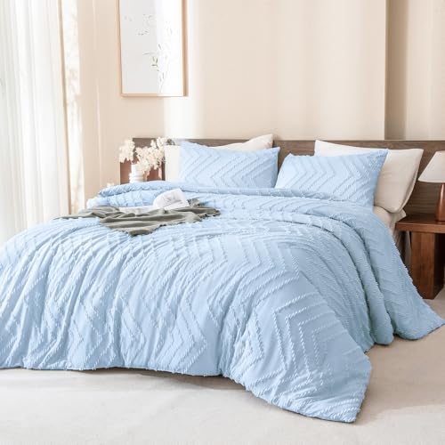 Image of Andency Light Blue Comforter Set Full Size, Boho Soft Warm Tufted Neutral Bedding Comforter Sets for Full Bed, 3 Pieces Aesthetic Chevron Cute Bohemian Textured Bedding Set