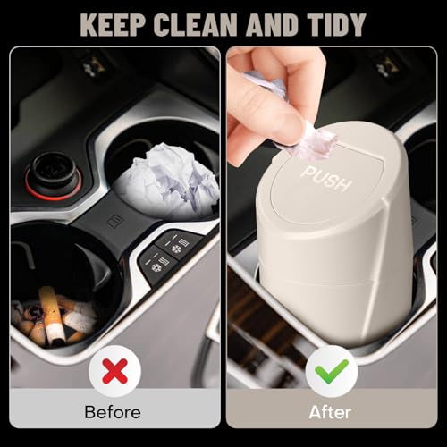 Image of Car Trash Can Bin with Lid - 2 Packs Car Garbage Can Cup Holder-Light Beige Mini Leakproof Vehicle Garbage Bin with 40pcs Trash Bags-Automotive Organizers and Storage for Front Back Seat Accessories