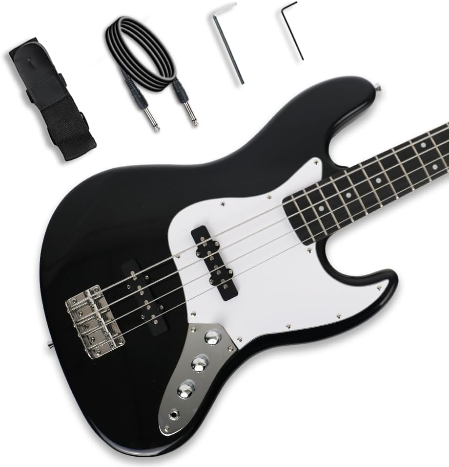 4string Electric Bass Guitar Black Standard Full Size Solid Paulownia Body Maple Neck Right Hand With Noiseless Cable Strap Wrenches For Starter Beginner Practice In Home Or Outdoor (BK)