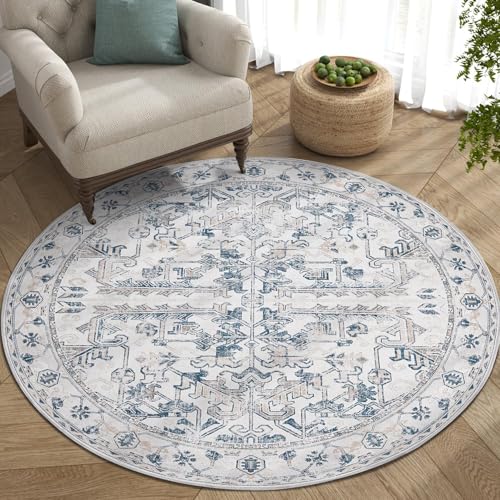 jinchan Lima Round Rug 5ft Vintage Machine Washable Area Rug Indoor Circle 5' Ultra-Thin Non-Slip Floral Print Carpet for Farmhouse Entryway Dining Room Living Room Bedroom Office (5'Round,Blue)
