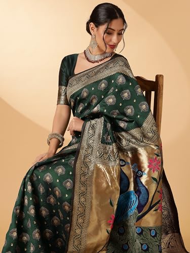 Image of EthnicJunction Women's Paithani Silk Blend Woven Saree With Blouse Piece |Wedding Saree | Red Saree